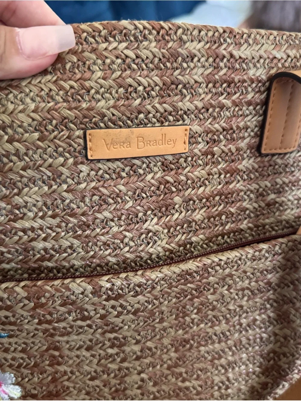 Vera Bradley Brown Straw Tote with Pink Fruit Embroidery  with wallet